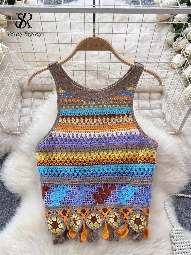 Bohemian rainbow knit tank top with hollow out detail and relaxed fit, suitable for beachwear and casual outings.