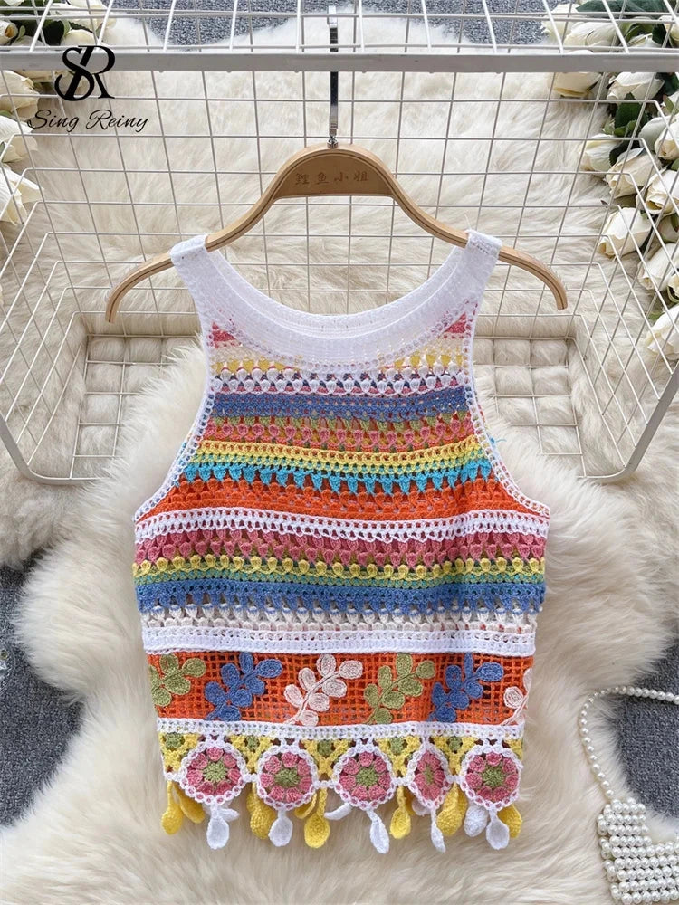 Bohemian rainbow knit tank top with hollow out detail and relaxed fit, ideal for beachwear or casual outings.