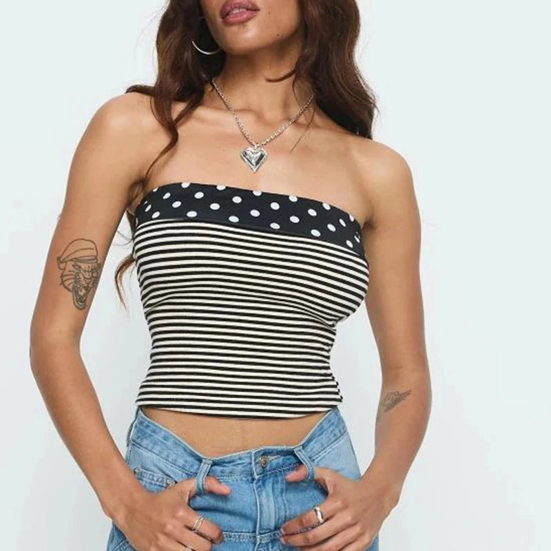 Strapless bandeau top with polka dot and striped print, designed for a slim fit and crafted from lightweight polyester.