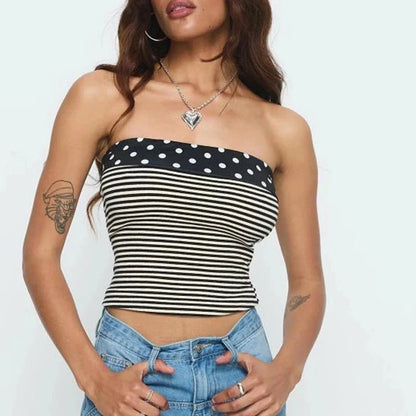 Strapless bandeau top with polka dot and striped print, designed for a slim fit and crafted from lightweight polyester.