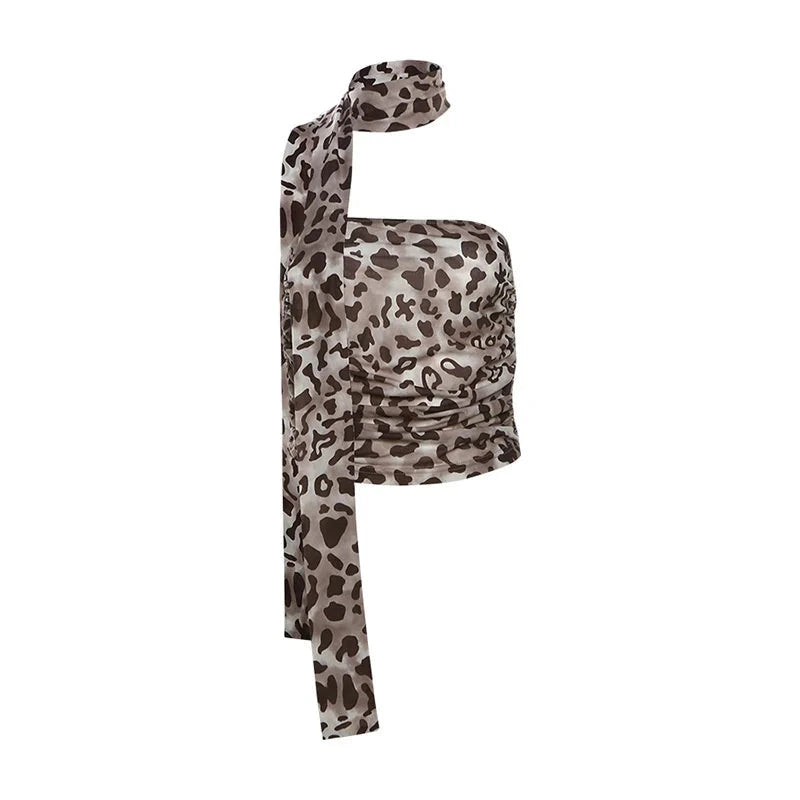 Leopard print tulle blouse with off-the-shoulder neckline and sleeveless design, ideal for casual summer outings.