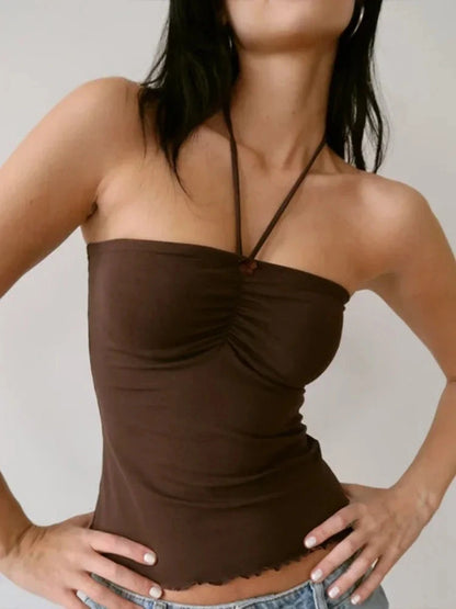 Chocolate brown elegant lace-up bandeau top with rolled hem, made from lightweight polyester.