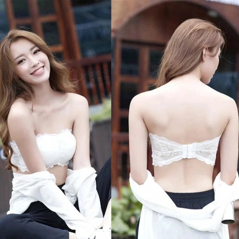 Lace-trimmed bandeau top with invisible support and soft cups, made from high-quality nylon for a seamless fit.