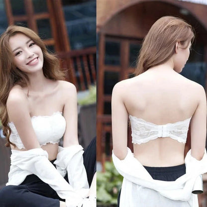 Lace-trimmed bandeau top with invisible support and soft cups, made from high-quality nylon for a seamless fit.