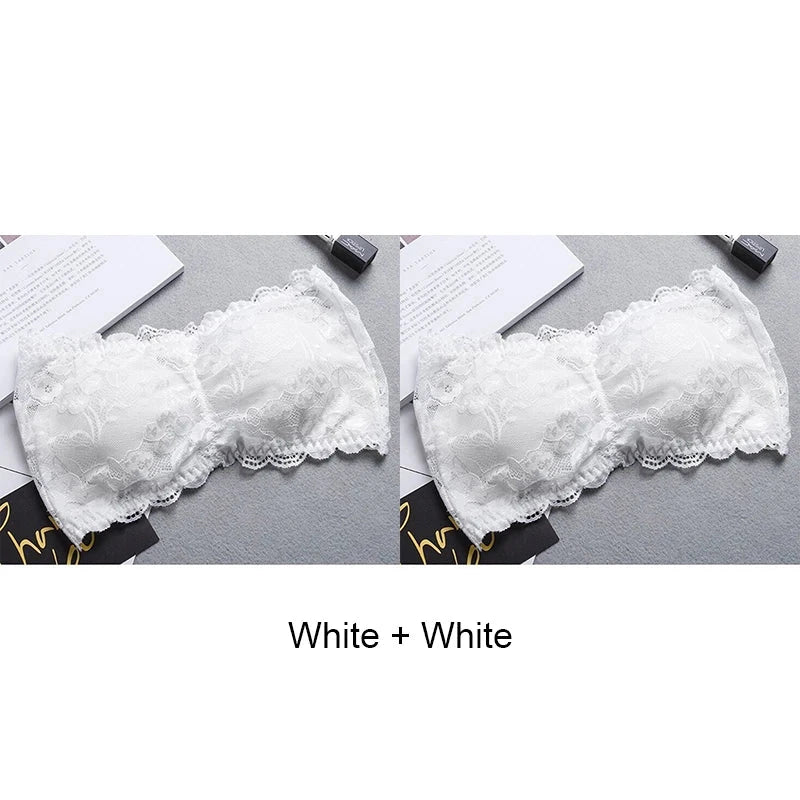 Lace-trimmed bandeau top in bright white with invisible support and soft cups, made from nylon for a seamless fit.