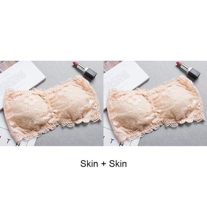 Lace-trimmed bandeau top in peach beige with invisible support and soft cups, made from nylon for a seamless fit.
