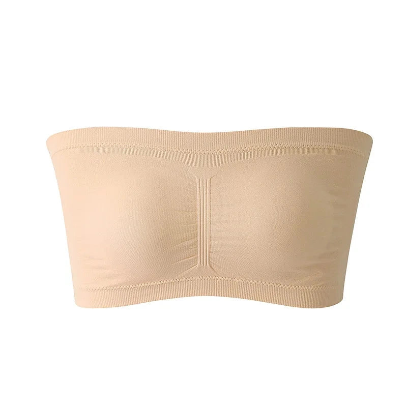 Seamless plus size strapless bra in cream beige with removable cushions for customizable support and a smooth silhouette.