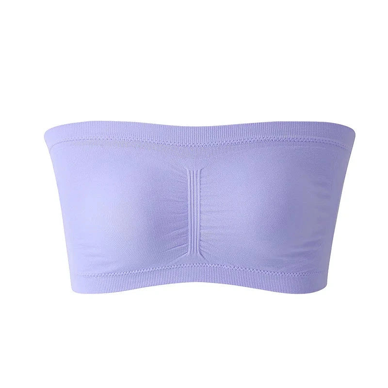 Seamless plus size strapless bra in lavender purple with removable cushions for customizable support and smooth silhouette.