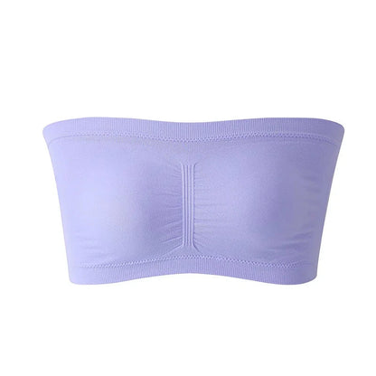 Seamless plus size strapless bra in lavender purple with removable cushions for customizable support and smooth silhouette.
