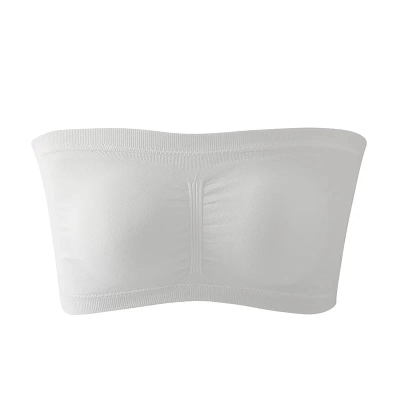 Seamless plus size strapless bra in pure white with removable cushions for customizable support and smooth silhouette.