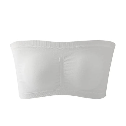 Seamless plus size strapless bra in pure white with removable cushions for customizable support and smooth silhouette.