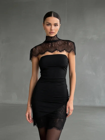 Elegant strapless maxi dress with cape shawl and lace detail, made from high-quality polyester.