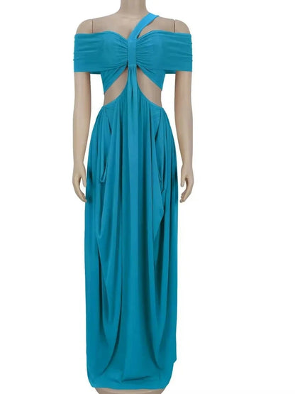 Chic women's cut out layered irregular party dress with ruched details and asymmetrical neckline. Floor-length design.
