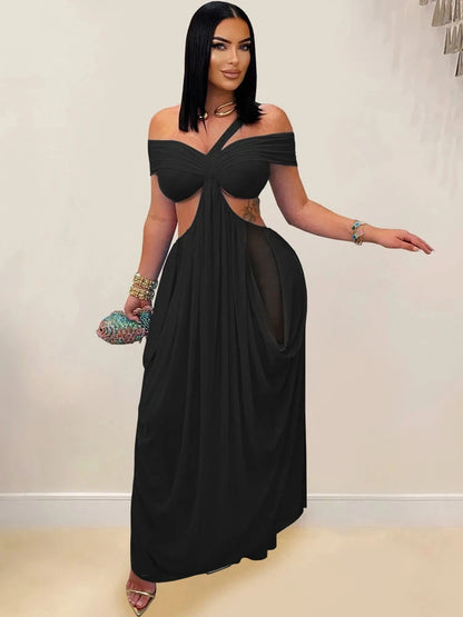 Chic women's cut out layered irregular party dress with ruched details and asymmetrical neckline. Floor-length design.