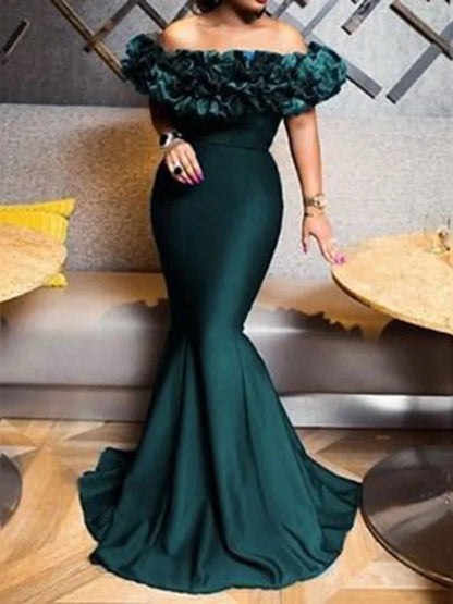 Winter women slash neck sleeveless ruffles empire dress in a mermaid silhouette, featuring a floor-length design.