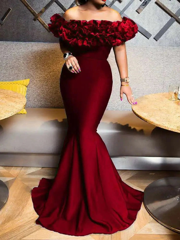 Winter women slash neck sleeveless ruffles empire dress in a mermaid silhouette, floor-length design.