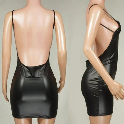 Backless black faux leather mini dress with bodycon fit and spaghetti straps.