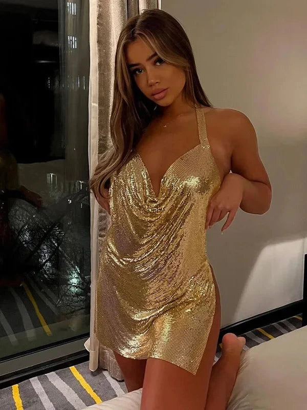 Women's elegant short dress with hanging neck and backless design, featuring sequin details for party wear.