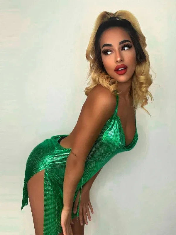 Women's elegant short dress with hanging neck and backless design, featuring sequins for a party look.