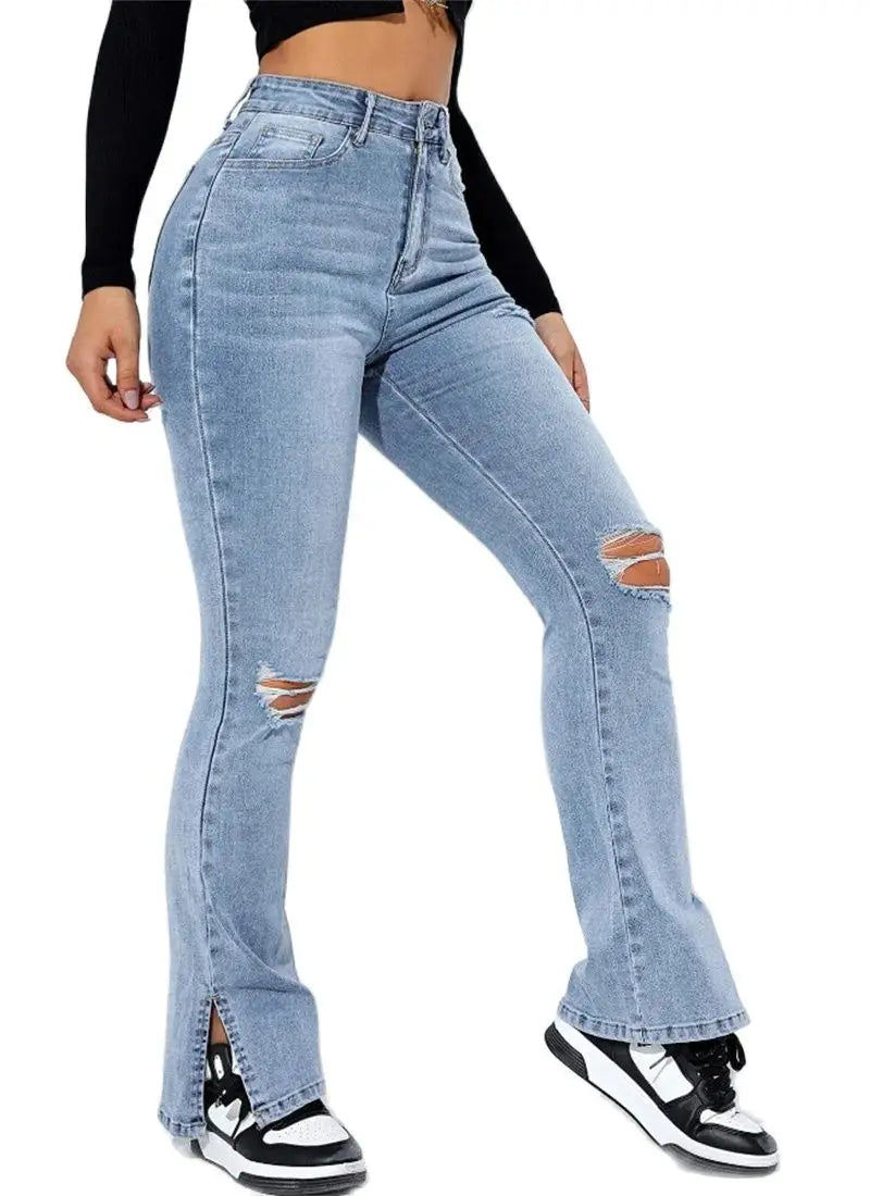 Winter Women's High Waist Ripped Stretch Denim Casual