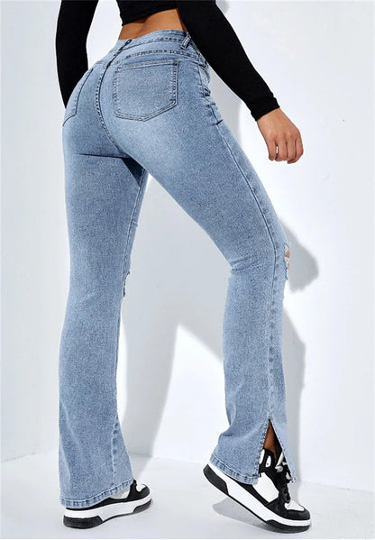 Winter Women's High Waist Ripped Stretch Denim Casual