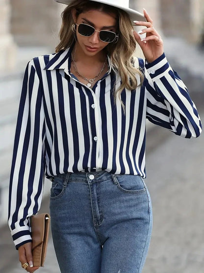 Fashion Women's Shirts & Blouses,Elegance Striped Print Shirt,2024 Spring & Summer Large Size Female Clothing Blouse Tops