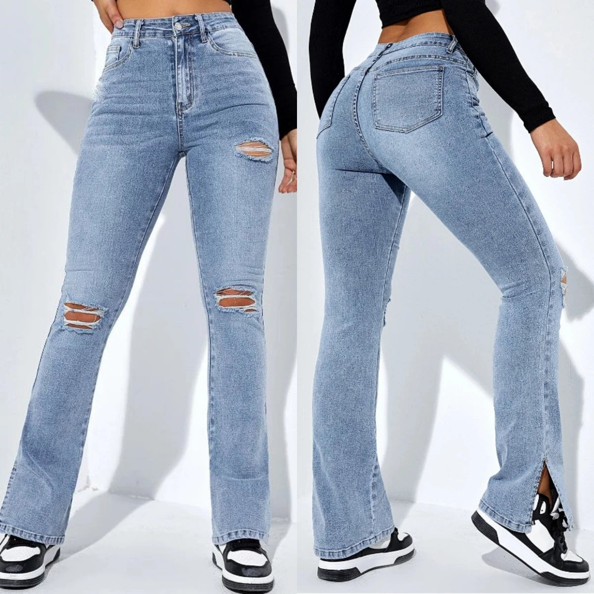 Winter Women's High Waist Ripped Stretch Denim Casual