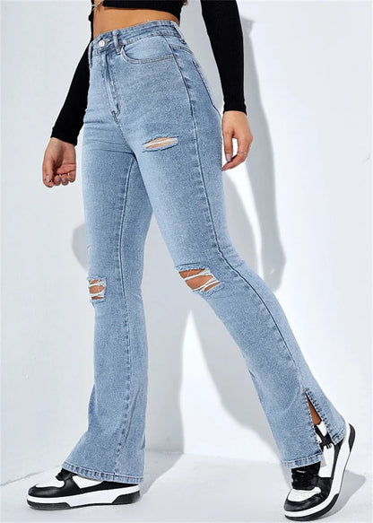 Winter Women's High Waist Ripped Stretch Denim Casual