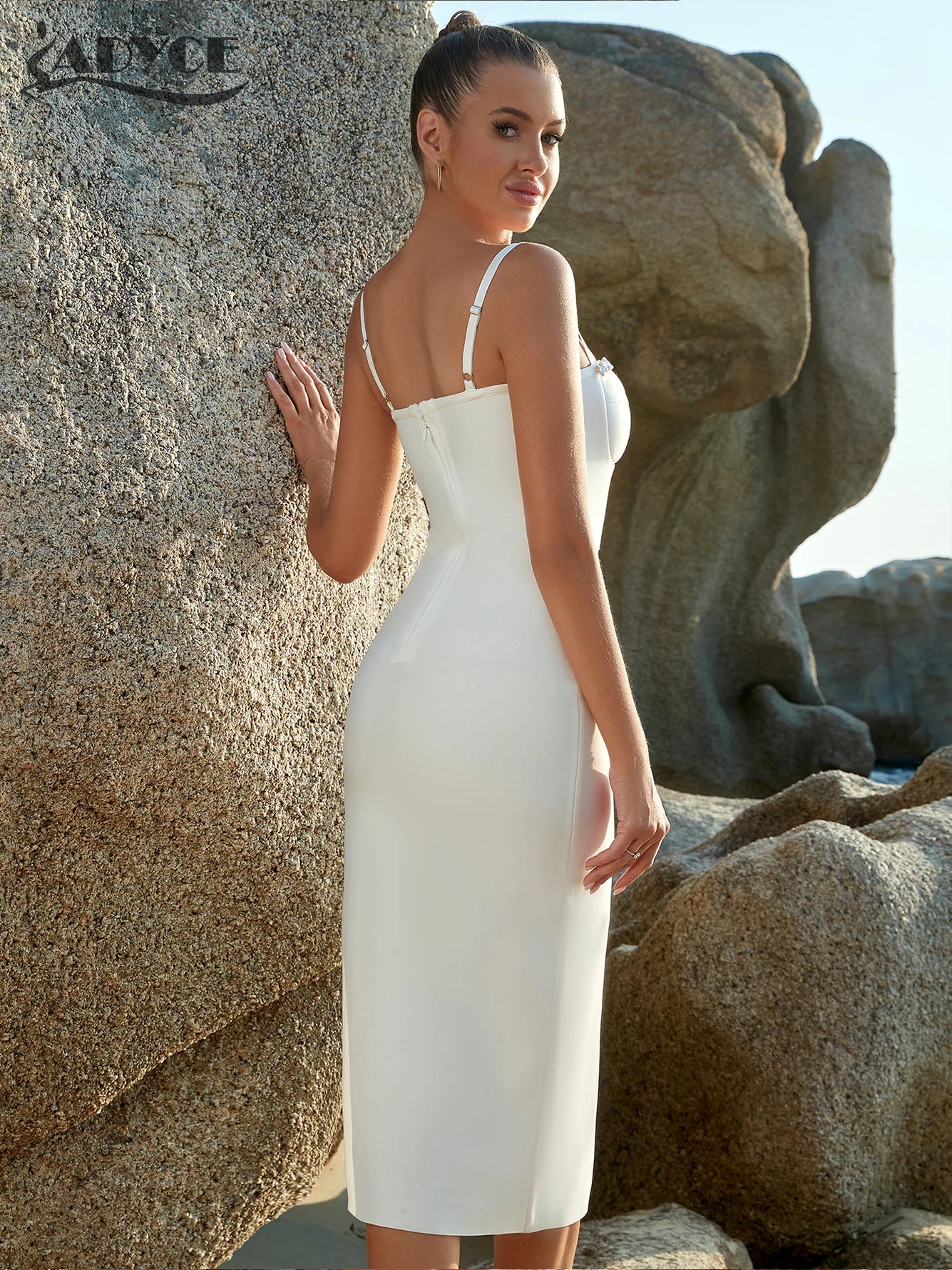 Summer White Spaghetti Strap Bandage Dress V Neck Diamonds