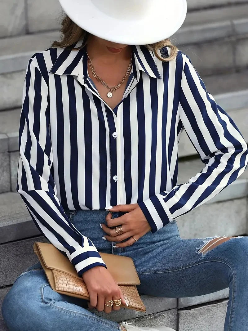 Fashion Women's Shirts & Blouses,Elegance Striped Print Shirt,2024 Spring & Summer Large Size Female Clothing Blouse Tops