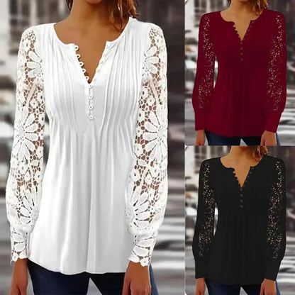 2024 Elegant Causal Blouses Sexy Fashion Soild V-neck Long Sleeve Women Shirts Lace Hollow Out Patchwork Design Office Lady Tops