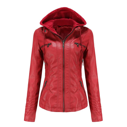 Hooded PU Leather Jacket - Women’s Motorcycle