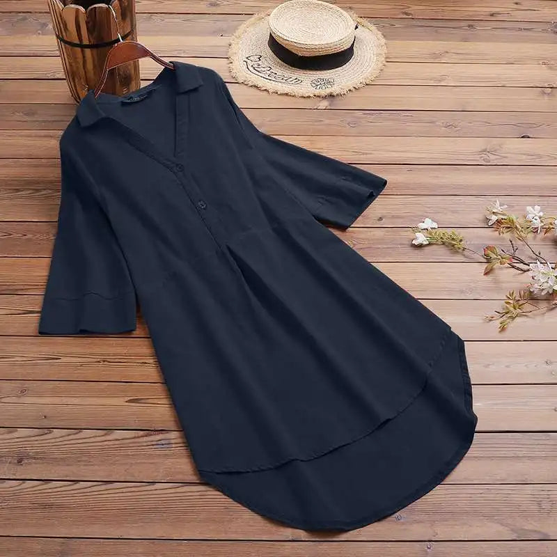 ZANZEA Stylish Blouse Elegant Lapel Neck 3/4 Sleeve Shirt Women Casual Loose Blusas Female Solid Chemise Buttons Tops Oversized