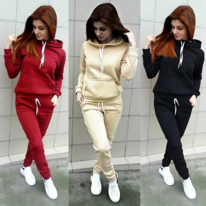 Solid Women Tracksuit Casual Hoodies Sweatshirt Pant Set Lounge Wear Sport Suit 2PCS Autumn Winter