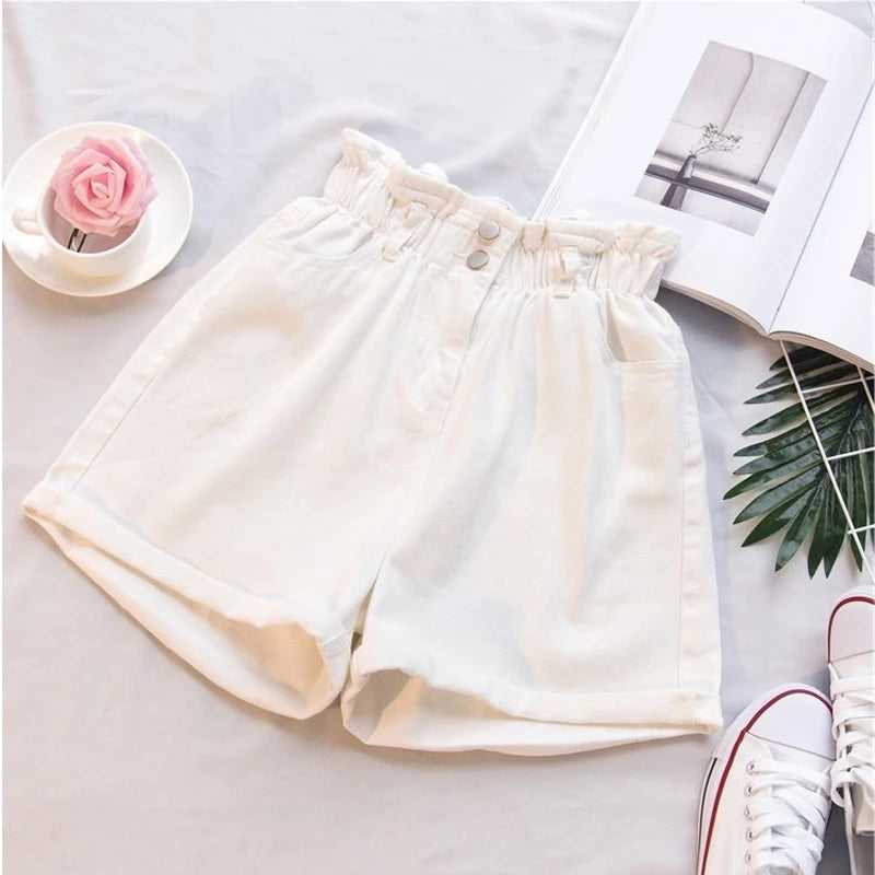 Summer High Waist Denim Shorts Casual Elastic Roll Up