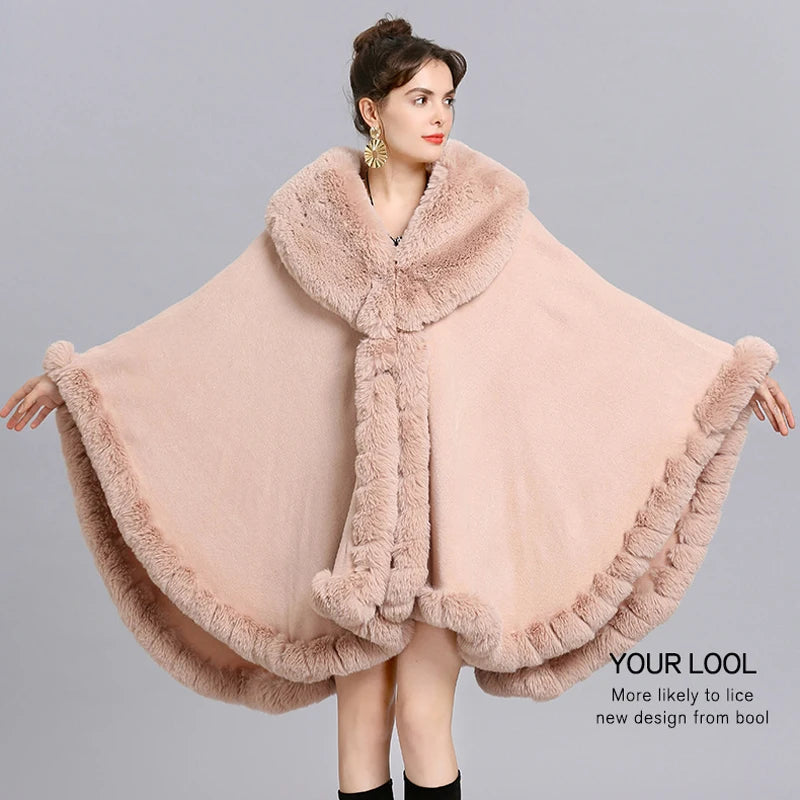 V Lapel Faux Rex Rabbit Fur Coat - Long Shawl Full Trim Fur