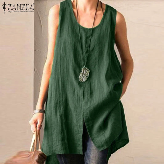 2023 Summer Sleeveless Split Tanks Tops ZANZEA Women Cotton Linen Blouse Vintage Solid Party Shirt Female Blusas Tunic Tops Tee