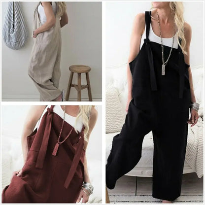 Women's Linen Dungarees Harem Strap Pant Loose Jumpsuit Baggy Trousers