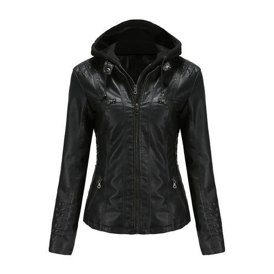 Hooded PU Leather Jacket - Women’s Motorcycle