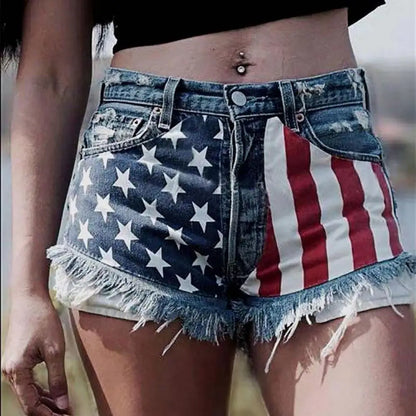 Women's Denim Shorts High Waist Skinny American Flag