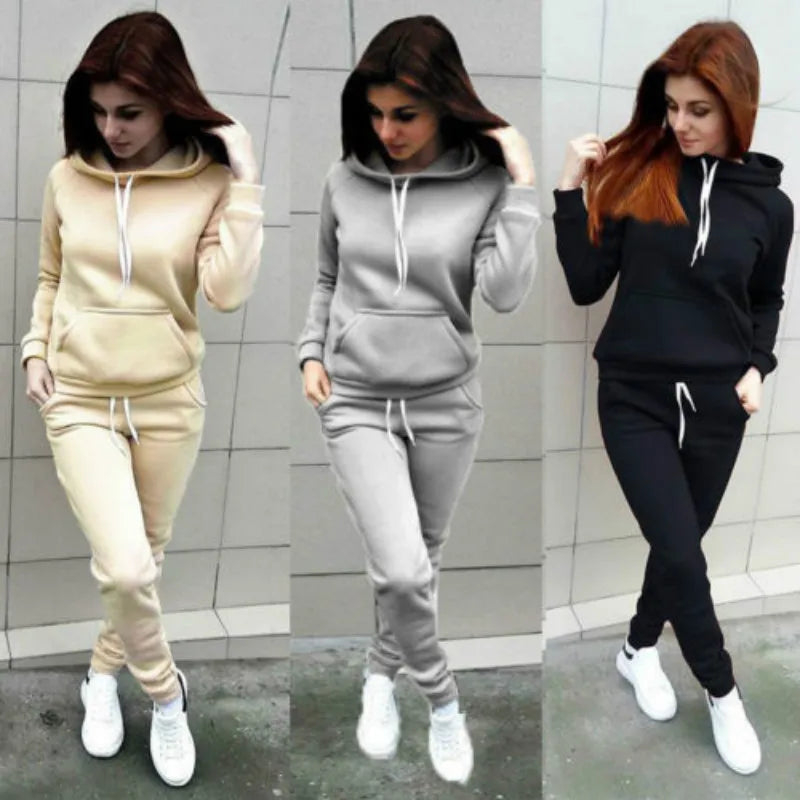 Solid Women Tracksuit Casual Hoodies Sweatshirt Pant Set Lounge Wear Sport Suit 2PCS Autumn Winter