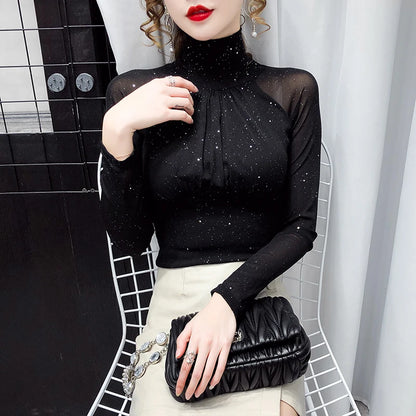 Korean fashion Women Mesh top High neck Sexy Black bottoming t shirt Casual Bright silk Lady shirt Blusa