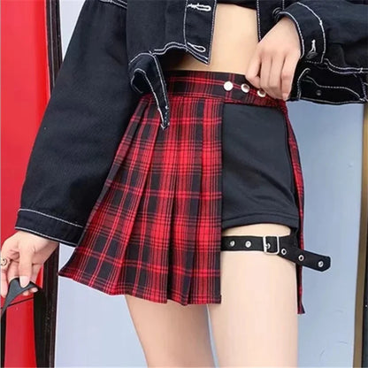 Women's Short Skirt Fashion Tartan Red Pleated Button Casual