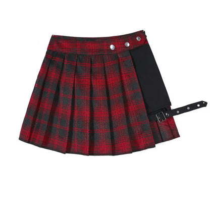 Women's Short Skirt Fashion Tartan Red Pleated Button Casual