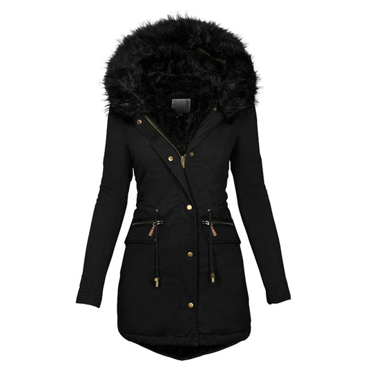 Fashion Velvet Parka Coat with Drawstring Pockets: Thick Warm Winter Jacket for Women