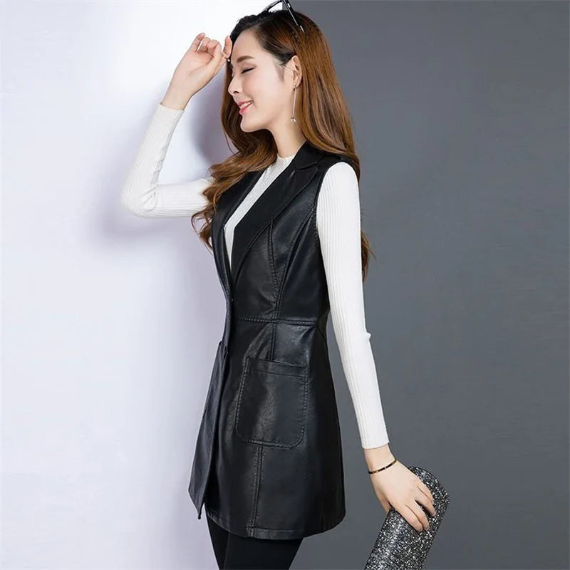 Thick Cotton Vest Coat Women's PU Leather Waistcoat Suit Vest Cardigan Outcoat