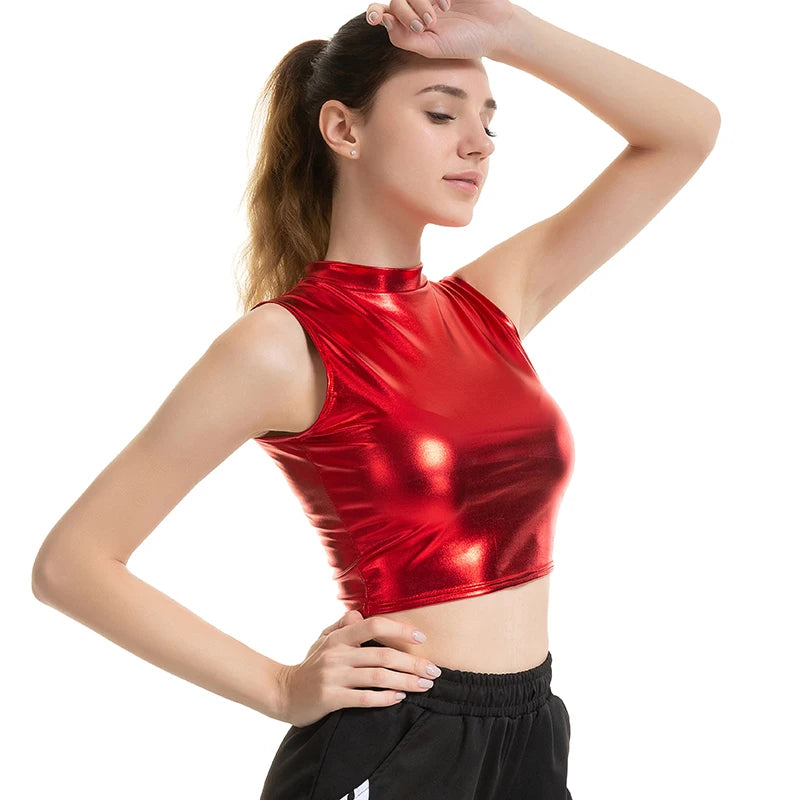 LJCUIYAO Women Crop Top Shiny Material Leather Sleeveless Vest Sports Tank Tops Gold Silver Shining Colorful Green Red Clothes