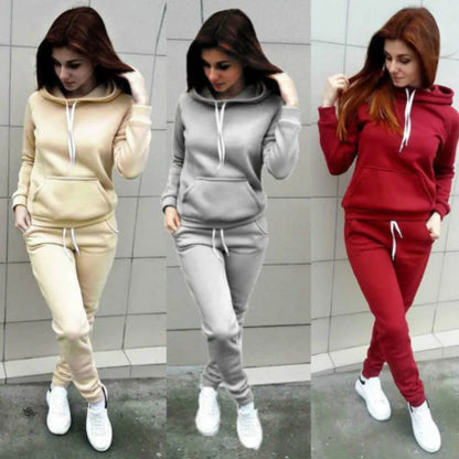 Solid Women Tracksuit Casual Hoodies Sweatshirt Pant Set Lounge Wear Sport Suit 2PCS Autumn Winter