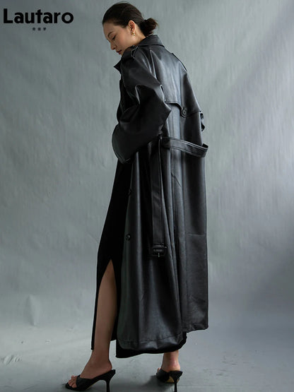 Extra Long Black Faux Leather Trench Coat - Women's Oversized Belt Double Breasted