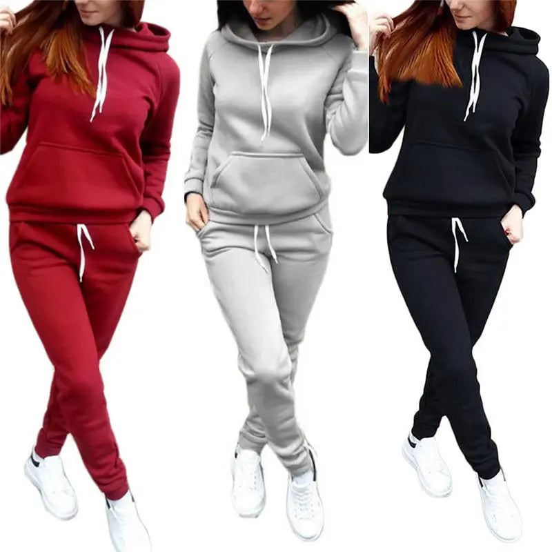 Solid Women Tracksuit Casual Hoodies Sweatshirt Pant Set Lounge Wear Sport Suit 2PCS Autumn Winter